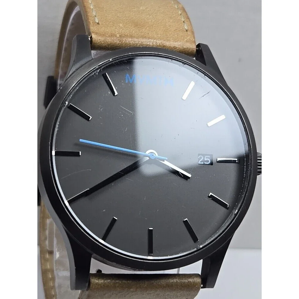 MVMT Classic Watch Gray Dial Tan Leather Date Quartz New Battery 45mm Mens